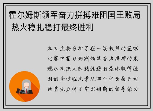 霍尔姆斯领军奋力拼搏难阻国王败局 热火稳扎稳打最终胜利