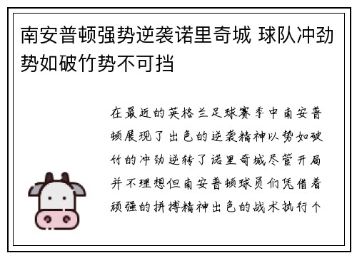 南安普顿强势逆袭诺里奇城 球队冲劲势如破竹势不可挡