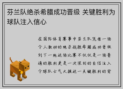 芬兰队绝杀希腊成功晋级 关键胜利为球队注入信心