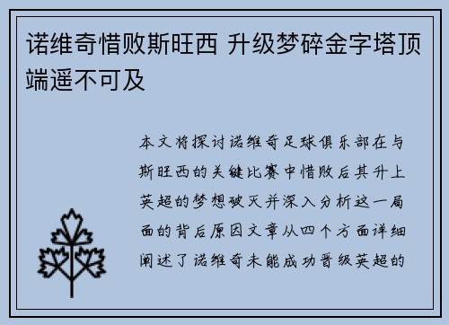 诺维奇惜败斯旺西 升级梦碎金字塔顶端遥不可及
