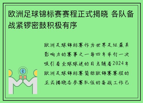 欧洲足球锦标赛赛程正式揭晓 各队备战紧锣密鼓积极有序