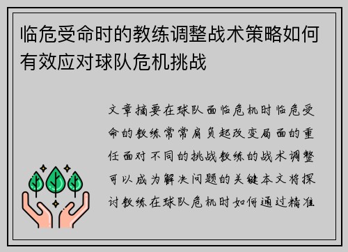 临危受命时的教练调整战术策略如何有效应对球队危机挑战