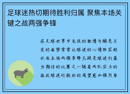 足球迷热切期待胜利归属 聚焦本场关键之战两强争锋