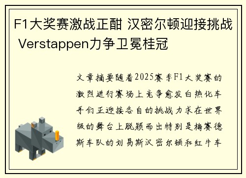 F1大奖赛激战正酣 汉密尔顿迎接挑战 Verstappen力争卫冕桂冠