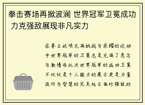 拳击赛场再掀波澜 世界冠军卫冕成功 力克强敌展现非凡实力