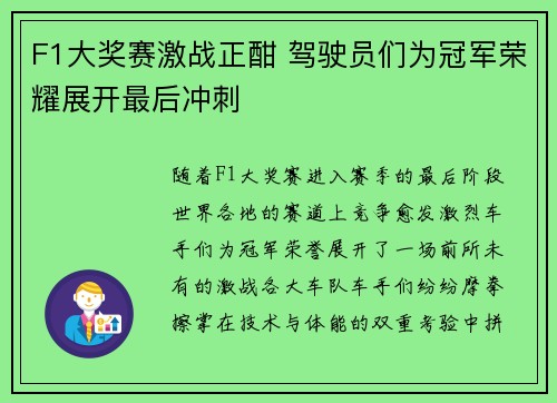 F1大奖赛激战正酣 驾驶员们为冠军荣耀展开最后冲刺