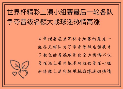 世界杯精彩上演小组赛最后一轮各队争夺晋级名额大战球迷热情高涨