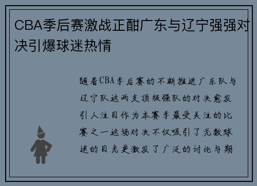 CBA季后赛激战正酣广东与辽宁强强对决引爆球迷热情