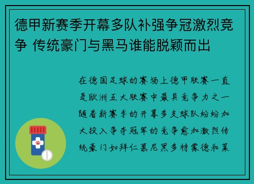 德甲新赛季开幕多队补强争冠激烈竞争 传统豪门与黑马谁能脱颖而出